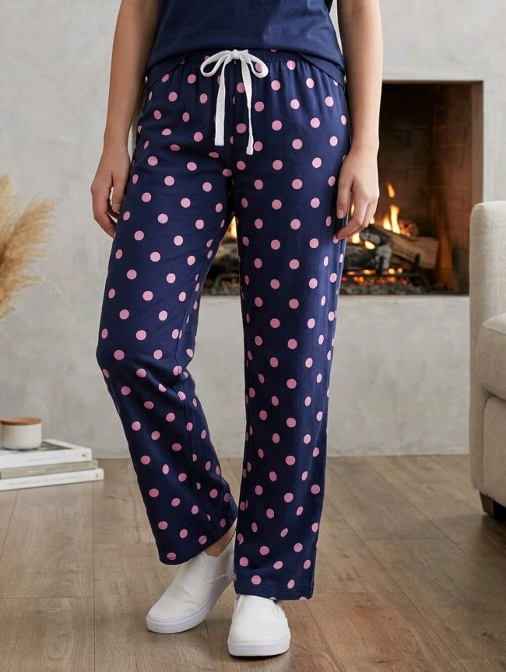 Navy Pink Polka Dot Pajama Pants Women XS Cotton Drawstring Lounge Sleepwear Pjs